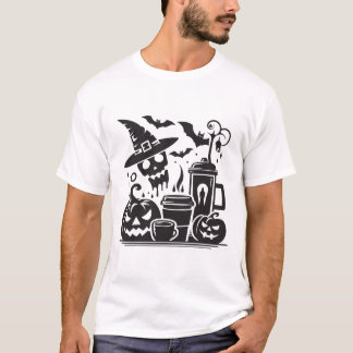 ハロウィンの白黒コーヒーシルエットグラフィック Tシャツ
