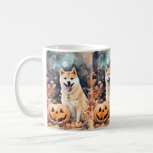 ハロウィンの秋田犬とかぼちゃの怖いデザイン コーヒーマグカップ (左)