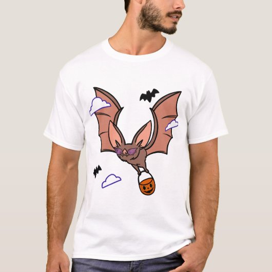 ハロウィンの空飛ぶコウモリがかわいい Tシャツ (正面)