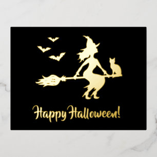 ハロウィンの箒の魔女のシルエット 箔シーズンポストカード