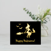 ハロウィンの箒の魔女のシルエット 箔シーズンポストカード (立ち正面)