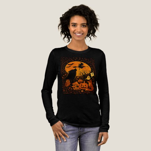 ハロウィンの箒 飛ぶ魔女と月 トライブレンドTシャツ (正面全体)