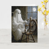 ハロウィンの糸車の上の幽霊 カード (黄色い花)