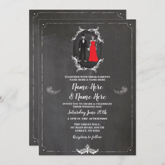 ハロウィンの素朴なゴシック様式を結婚する骨組スカル 招待状 (正面/裏面)