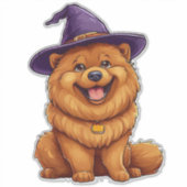 ハロウィンの紫の魔法使い帽子をかぶったチャウチャウ シール (正面)