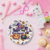ハロウィンの紫色の帽子をかぶった猫 ペーパープレート (パーティー)