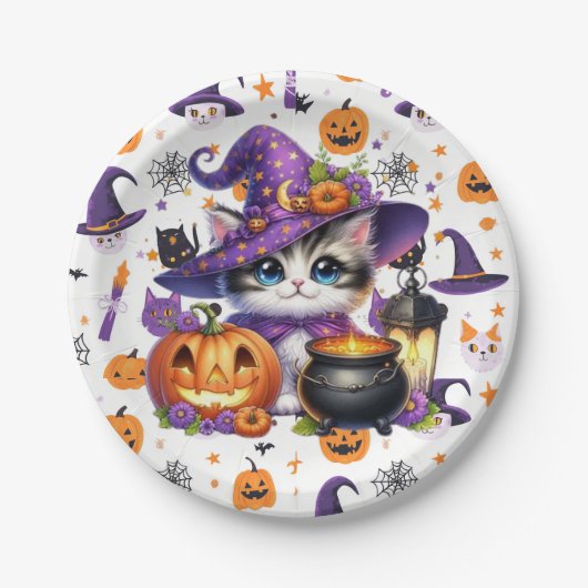 ハロウィンの紫色の帽子をかぶった猫 ペーパープレート (正面)