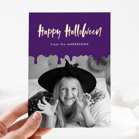 ハロウィンの紫色の血がしたたる写真 箔シーズンカード