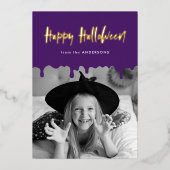 ハロウィンの紫色の血がしたたる写真 箔シーズンカード (正面)