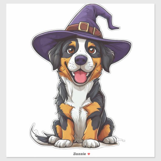 ハロウィンの紫色の魔法使いの帽子をかぶった愛らしい犬 シール (シート)