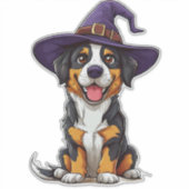 ハロウィンの紫色の魔法使いの帽子をかぶった愛らしい犬 シール (正面)