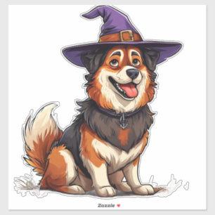 ハロウィンの紫色の魔法使いの帽子をかぶった犬 シール