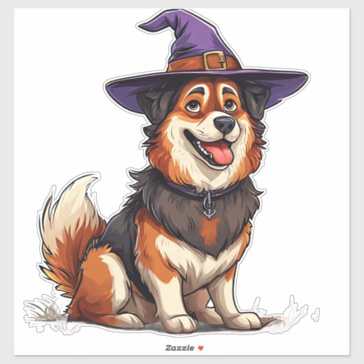 ハロウィンの紫色の魔法使いの帽子をかぶった犬 シール (シート)