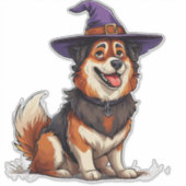 ハロウィンの紫色の魔法使いの帽子をかぶった犬 シール (正面)