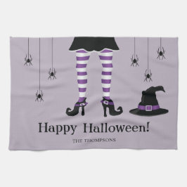ハロウィンの紫色の魔法使いの足+帽子とクモ キッチンタオル