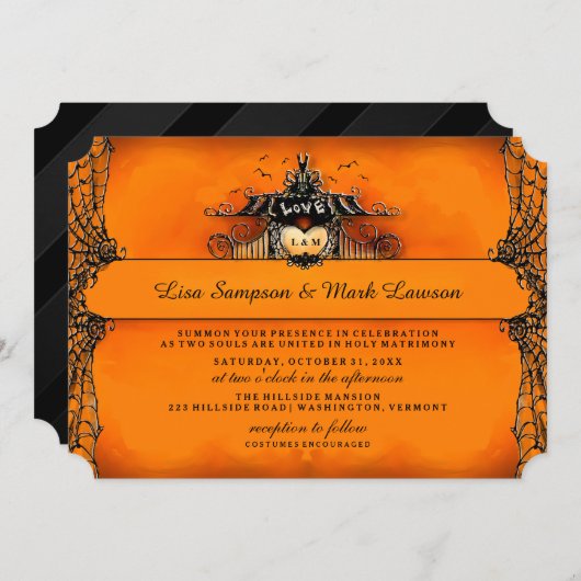 ハロウィンの結婚式の招待の-オレンジ及び黒い愛 招待状 (正面/裏面)