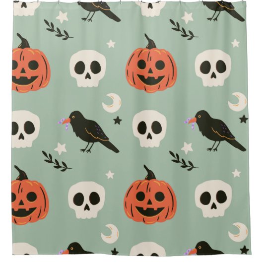 ハロウィンの継ぎ目のない模様で、カラス、スカル、 シャワーカーテン (正面)