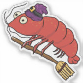 ハロウィンの縁棒に乗る海老の魔女 シール (正面)