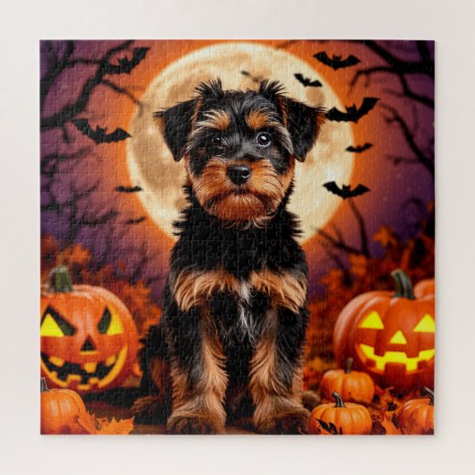 ハロウィンの背景にいるかわいい子犬 ジグソーパズル (縦)