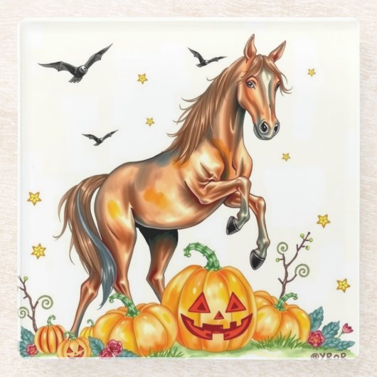 ハロウィンの茶色の馬 ガラスコースター (正面)