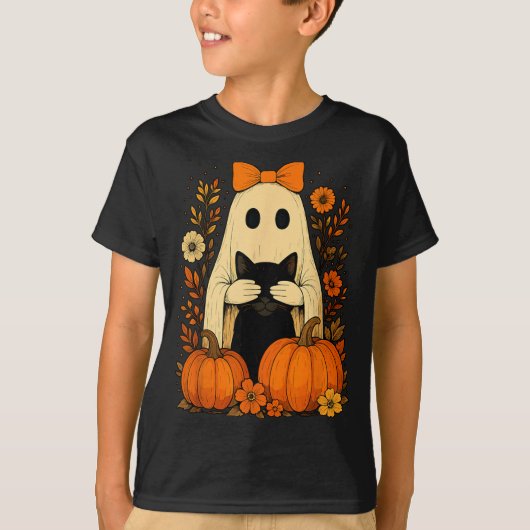 ハロウィンの落ちる黒猫を抱えるおかしい幽霊の弓 Tシャツ (正面)