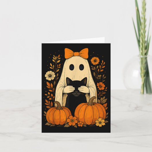 ハロウィンの落ちる黒猫を持つおもしろい幽霊の弓 カード (正面)
