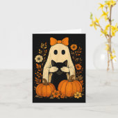 ハロウィンの落ちる黒猫を持つおもしろい幽霊の弓 カード (黄色い花)