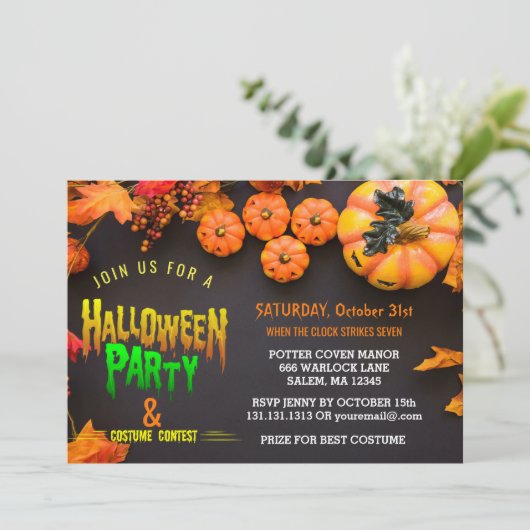 ハロウィンの衣裳のパーティーの黒のオレンジ 招待状 (スタンド正面)