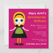 ハロウィンの誕生日のブロンドの魔法使いの女の子 招待状 (裏面)