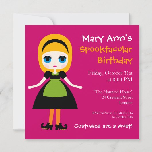 ハロウィンの誕生日のブロンドの魔法使いの女の子 招待状 (裏面)