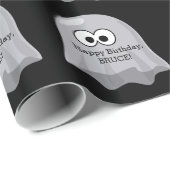 ハロウィンの誕生日の幽霊のかわいい名前をカスタムするの黒 ラッピングペーパー (ロールコーナー)