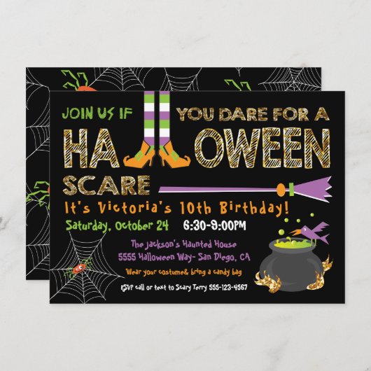 ハロウィンの誕生日パーティー 魔女と大釜 招待状 (正面/裏面)
