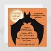 ハロウィンの誕生日招待状（黒いコウモリと満月） 招待状 (正面/裏面)
