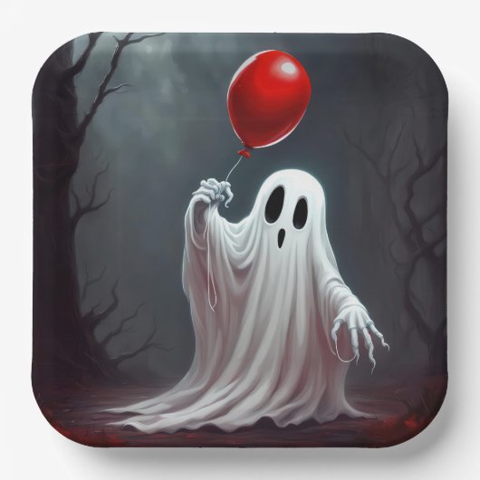 ハロウィンの赤い風船を持つ幽霊 ペーパープレート (正面)