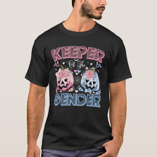 ハロウィンの赤ちゃんの性別をお守りするカボチャ ベビーシャワー Tシャツ (正面)