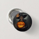 ハロウィンの輝くカボチャを持つ魔女のスケルトン 🎃 缶バッジ (正面&裏面)