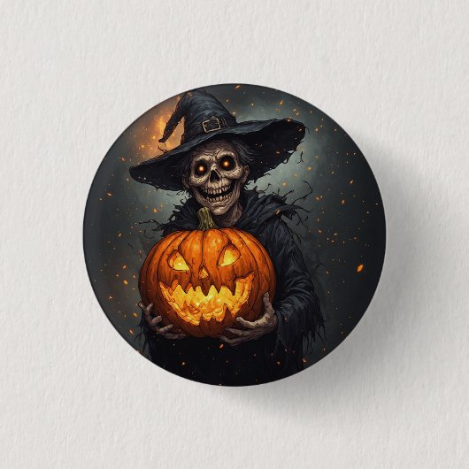 ハロウィンの輝くカボチャを持つ魔女のスケルトン 🎃 缶バッジ (正面)