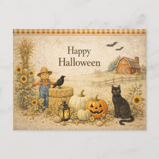 ハロウィンの農場の赤い納屋 シーズンポストカード (正面)
