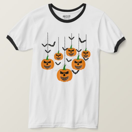 ハロウィンの邪悪なカボチャランタンとコウモリ模様 Tシャツ (デザイン正面)