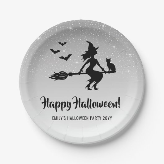 ハロウィンの銀灰色と黒の魔法使い ペーパープレート (正面)