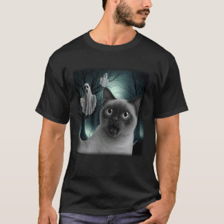 ハロウィンの面白いシャム猫の自撮りと怖い幽霊 Tシャツ
