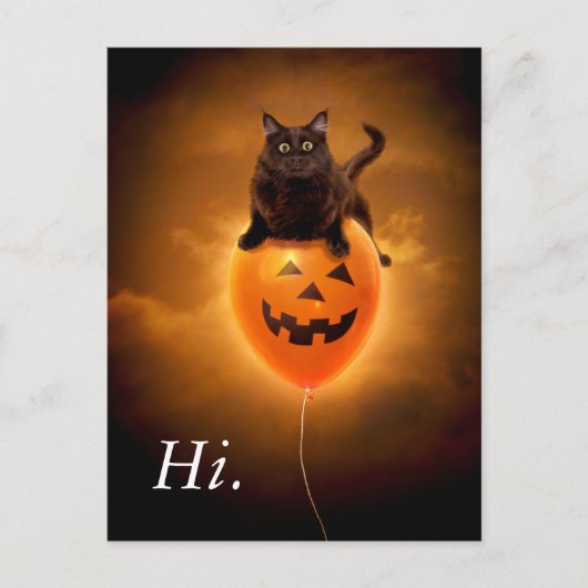 ハロウィンの風船に乗った猫 インビテーションポストカード (正面)