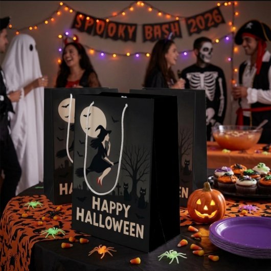 ハロウィンの飛ぶ魔女の挨拶 ミディアムペーパーバッグ