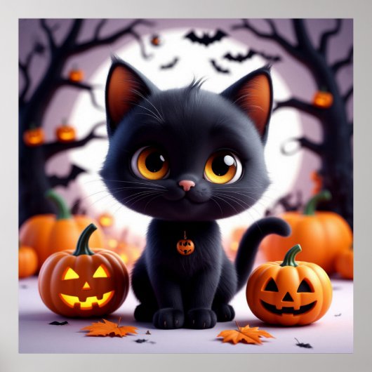 ハロウィンの飾りのためのカボチャの中の黒猫 🎃 ポスター (正面)