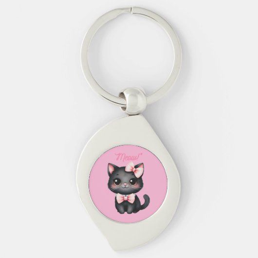 ハロウィンの飾り付けに弓を付けたかわいい黒猫 キーホルダー (正面)