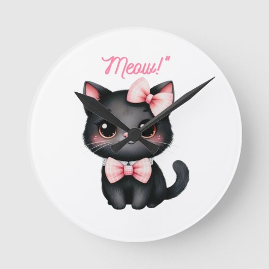 ハロウィンの飾り付けに弓を付けたかわいい黒猫 ラウンド壁時計 (正面)