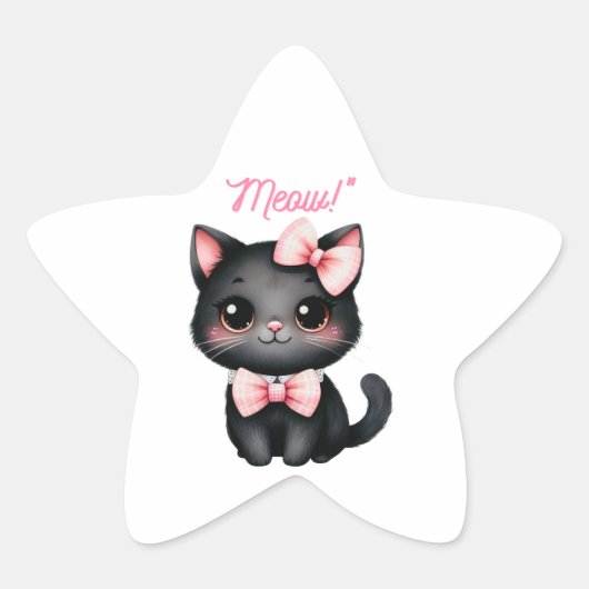 ハロウィンの飾り付けに弓を付けたかわいい黒猫 星シール (正面)