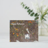 ハロウィンの飾り フェイク スケルトンとマリゴールド ポストカード (スタンド正面)