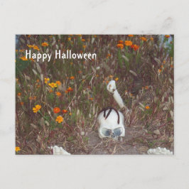 ハロウィンの飾り フェイク スケルトンとマリゴールド ポストカード