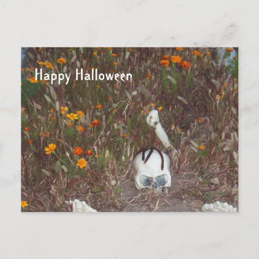 ハロウィンの飾り フェイク スケルトンとマリゴールド ポストカード (正面)